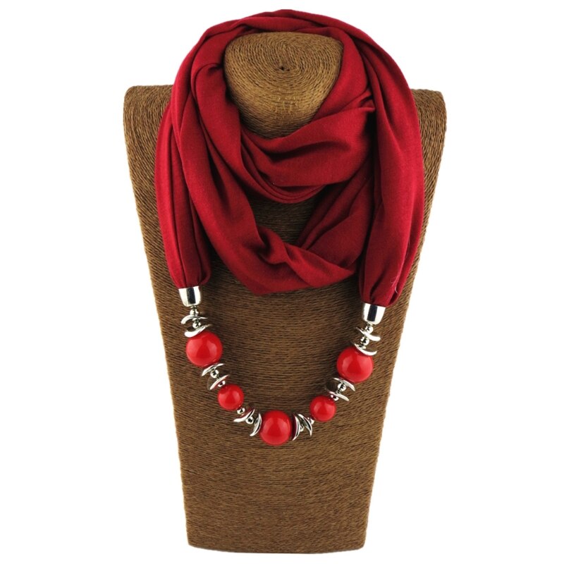 Womens Neckerchief Ring Scarf Necklaces Beads Solid Color Jewelry Shawl