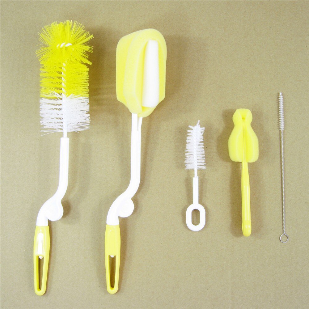 Ensemble de 5 brosses à biberon en plastique, éponge, nettoyeur de bouteilles, pince à mamelon, bouteille de lait en verre, paille de nettoyage, alimentation: Yellow Bottle Brushe