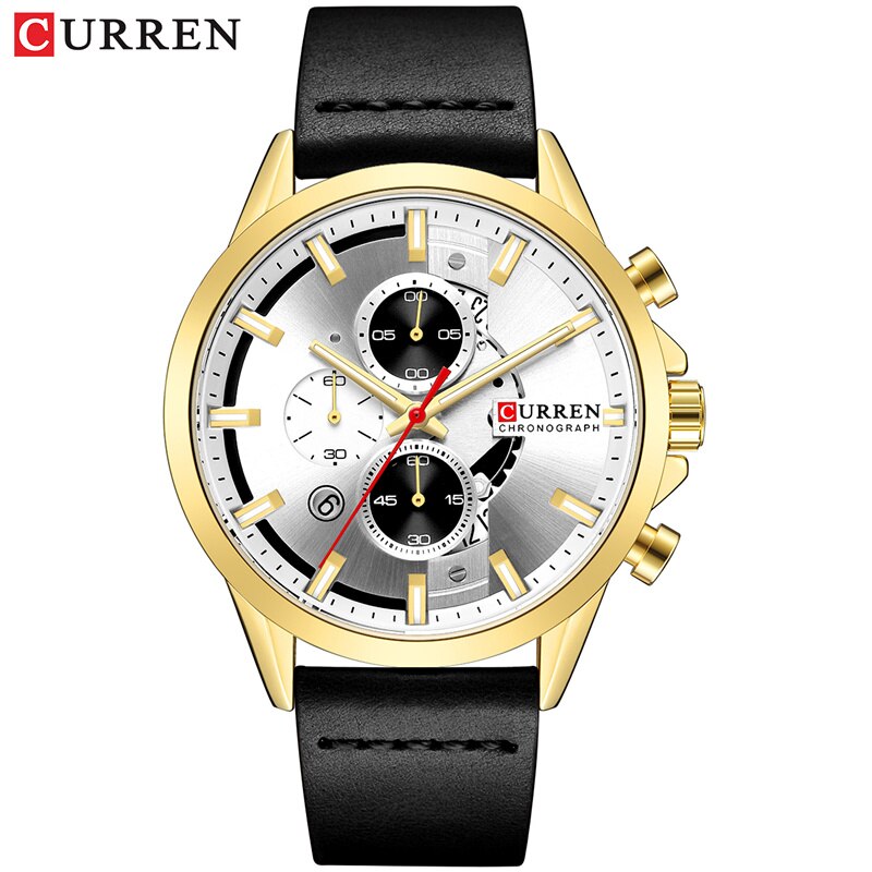 Curren relógios masculinos marca de luxo cronógrafo relógio masculino homem relógio de pulso de couro à prova dwaterproof água: black gold