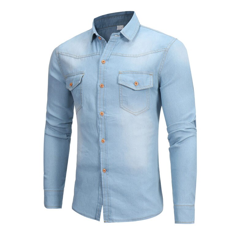Jeansskjorta herr vår höst långärmad herr fritidsklänning jeanskjortor slim fit camisa masculina klassisk blå jeansskjorta: Bild ljusblå / L