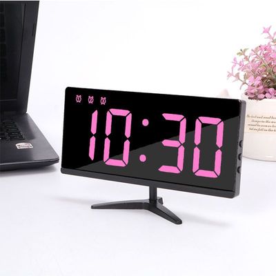 LED Alarm Clock Desk Table Digital Clock Curved LED Screen Alarm Clocks For Kid Bedroom Temperature Snooze Function Home Watch: Pink