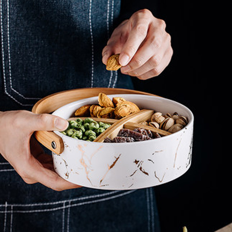 FANCITY ceramic grid plate with lid dried fruit plate fruit platter Nordic living room household fruit box snack snack