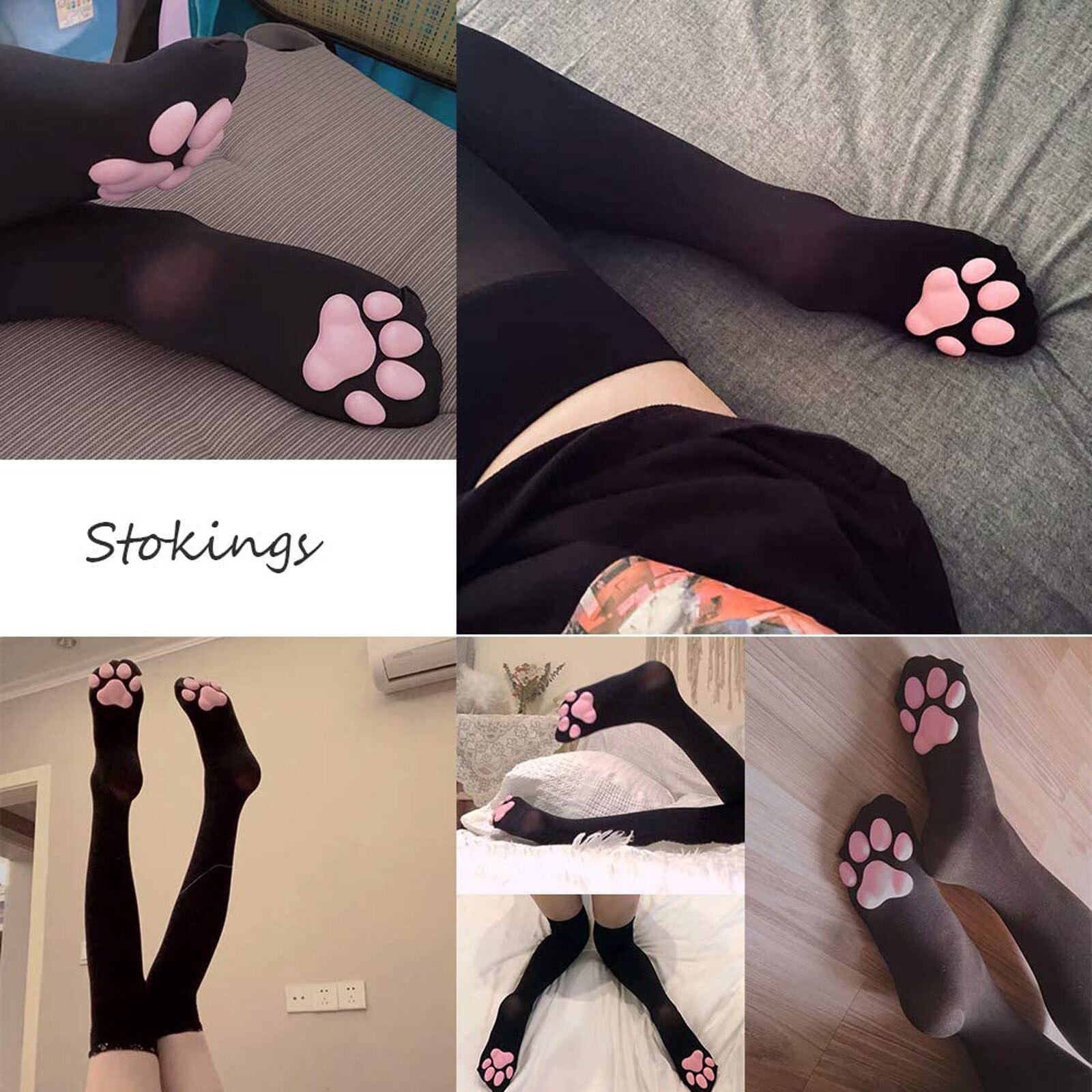 Ladies Latest Cat Paw Socks Kawai 3D Cat Paw Toe Bean Cute Lolita Paws Game Cat Paw Pad Thigh High Socks White Black