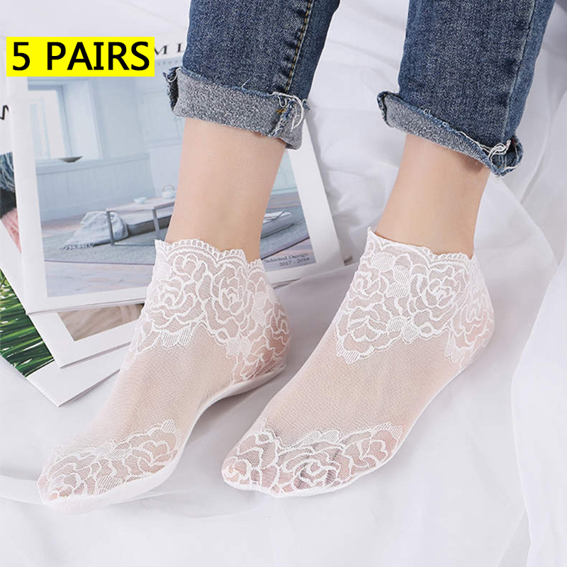 calcetines mujer calcetines tobilleros mujer calcetines invisibles mujer verano Lolita-Calcetines invisibles de encaje para mujer, medias finas, transparentes, antideslizantes y poco profundas, lote de 5 pares: Castaño