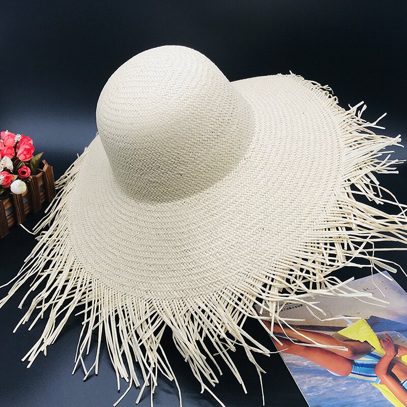 Naturlig stor bred rand rand raffia halm hattar vävd cirkel frans strand keps sommar ihålig stor halm hatt strand hatt strå hatt: Beige