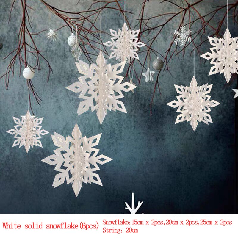 Large Cardboard Three-Dimensional Snowflake Hanging Ornaments 6 Piece Set Year Christmas Party Decoration Supplies: 6pcs White