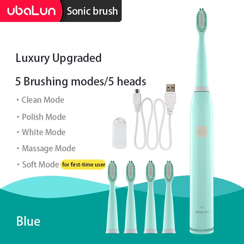 Sonic Toothbrush Vibrator Electric Toothbrushes Oral Care Adult Children Electric Toothbrush Ultrasonic Tooth Brush: 5 modes 5 heads Blue