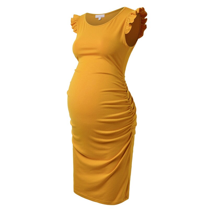 Zwangerschap Moederschap Jurken Flying Mouwen Ruches Side Zomer Zwangere Vrouwen Jurk Voor Baby Shower Party: yellow / S