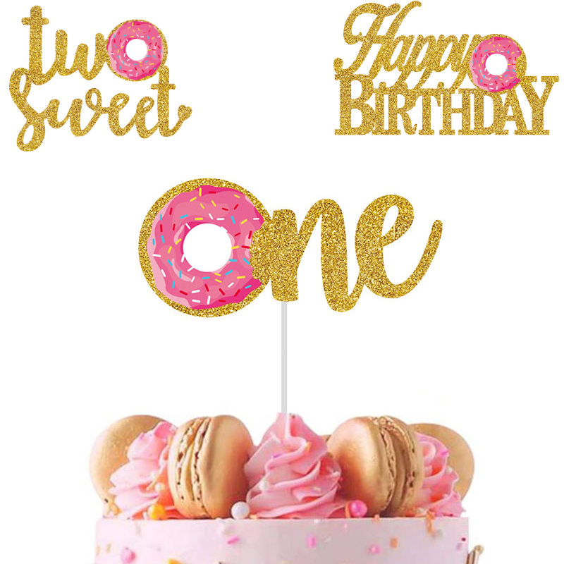 Adorno para tarta de cumpleaños con forma de donut para bebé, primer año, dos dulces decoración para magdalenas