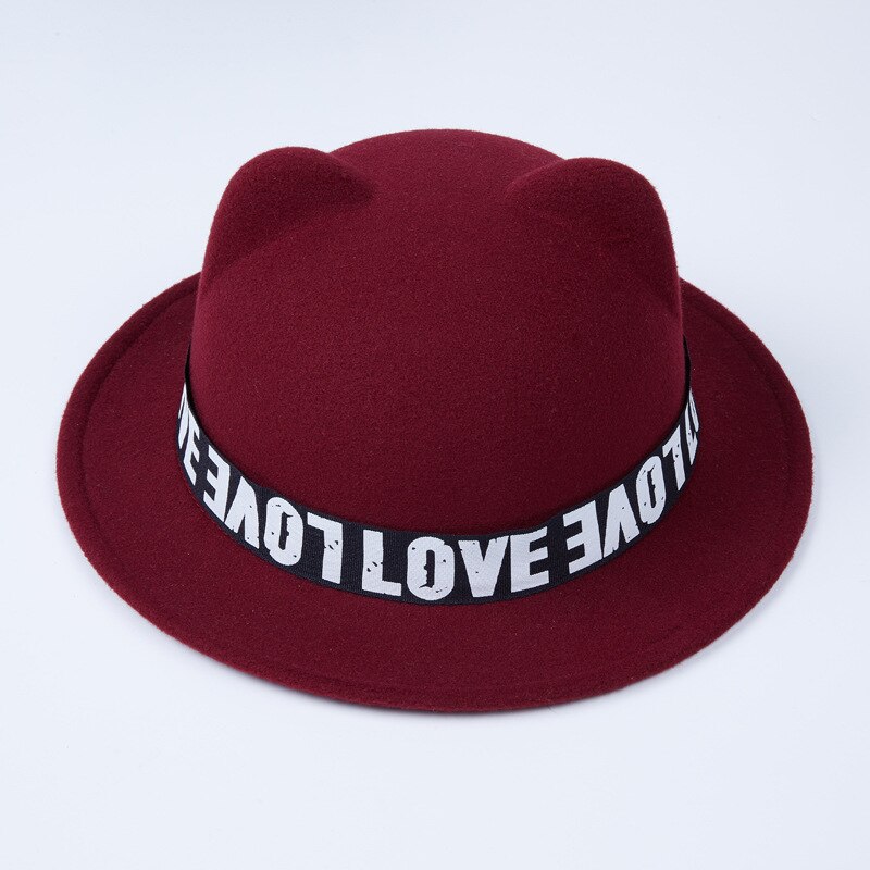 Sombrero de fieltro de lana con orejas de gato para mujer y niña, sombrero de ala ancha, de cubo, GH-214, para Otoño e Invierno: Wine red