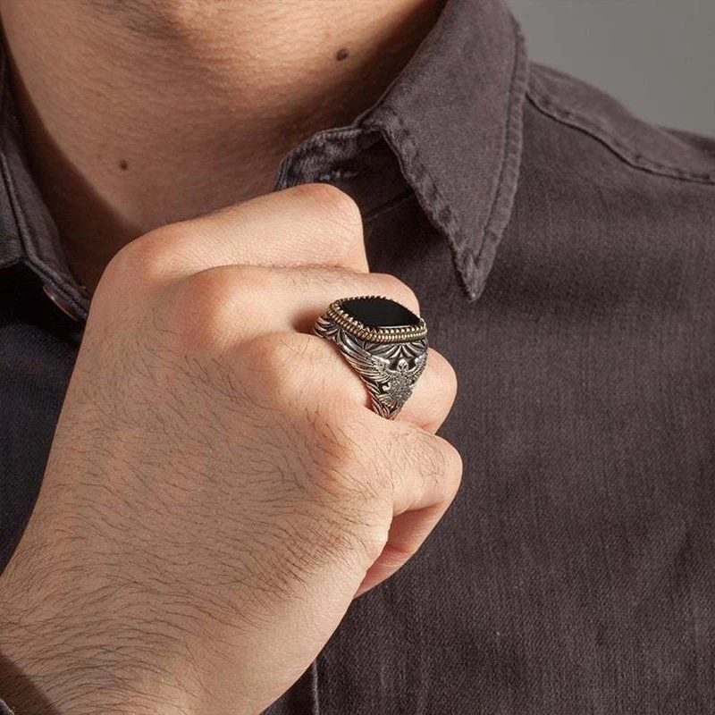 Bague chevalière turque faite à la main pour hommes, Vintage, tendance, bicolore incrusté de Zircon noir, aigle en métal, Punk, bijoux rétro pour fête de mariage