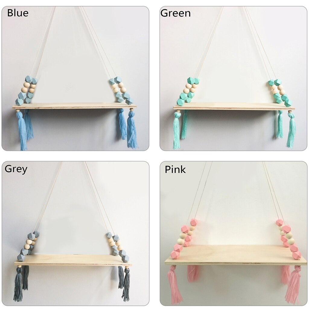 Estante de pared de madera con borlas y cuentas de colores nórdicos para niños, decoración de guardería, almacenamiento artesanal, decoración de hogar para colgar en la pared