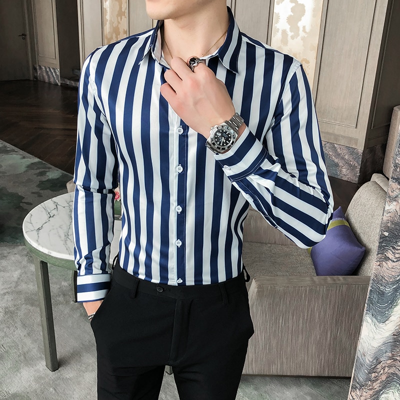 Zakelijke formele kleding lange mouwen gestreept overhemd herenkleding slim fit heren casual kantoor blouse homme 3xl- m