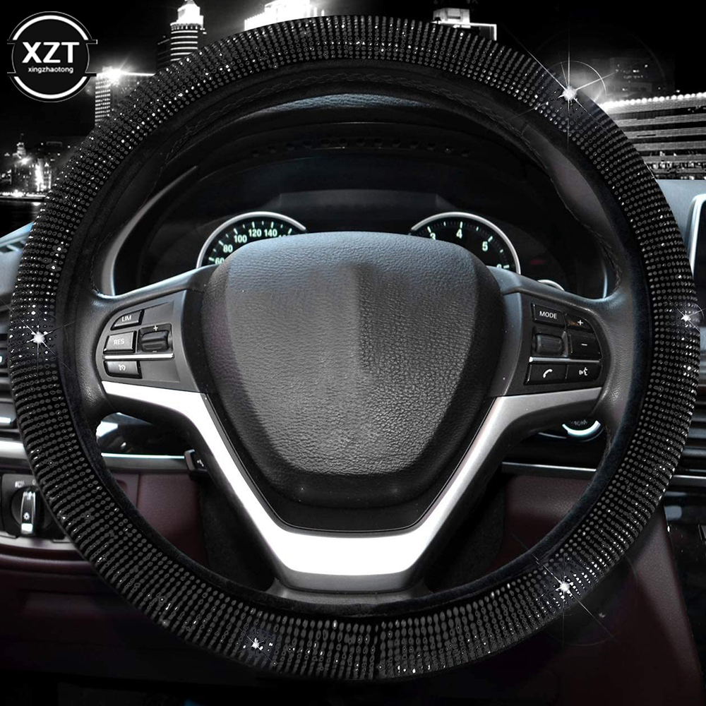 14.5-15 Inch Rhinestones Steering Wheel Cover with Crystal Diamond Sparkling Car Breathable Anti-Slip Steering Wheel Protector: black