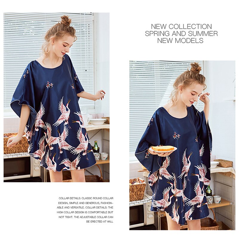 Bat Sleeve Oversized Nightdress Women Comfortable Smooth Satin Sleepwear Printed Casual Loose One Size Nightwear