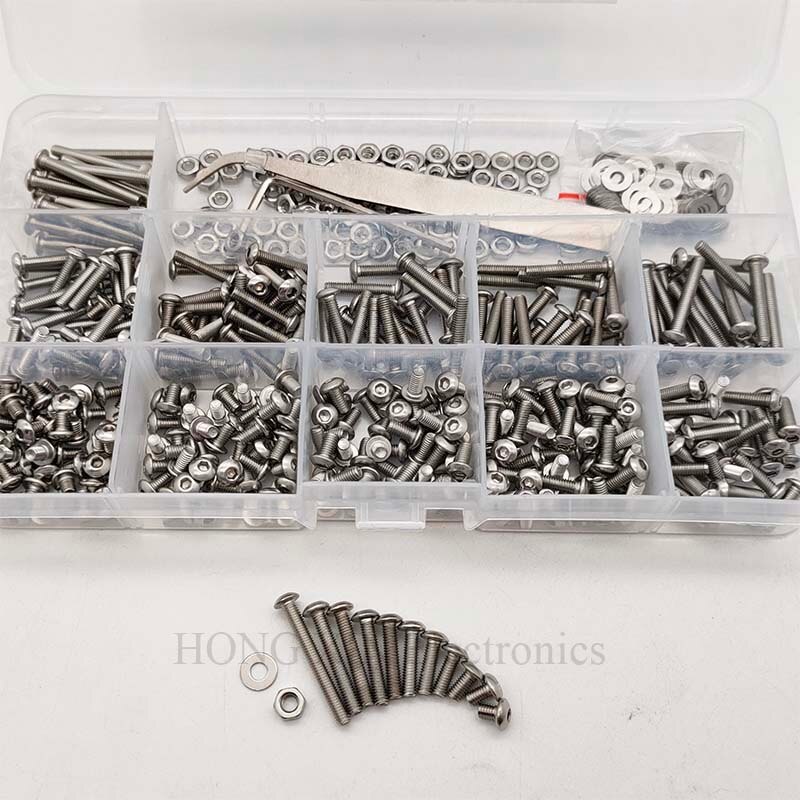 570pcs/Set M3 Hex Button Socket Head Cap Screw Nut Hexagon Metric Thread Machine Bolt Assortment Kit Set 304 Stainless Steel