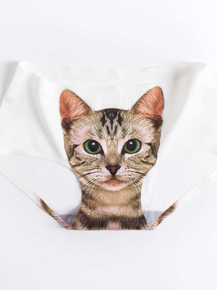 3D Cat Middle Waist Sexy Girl Underwear Cartoon Ice Silk Printed Cat Head Briefs Meow Star Man Thong Panties Underwear Women: White / M