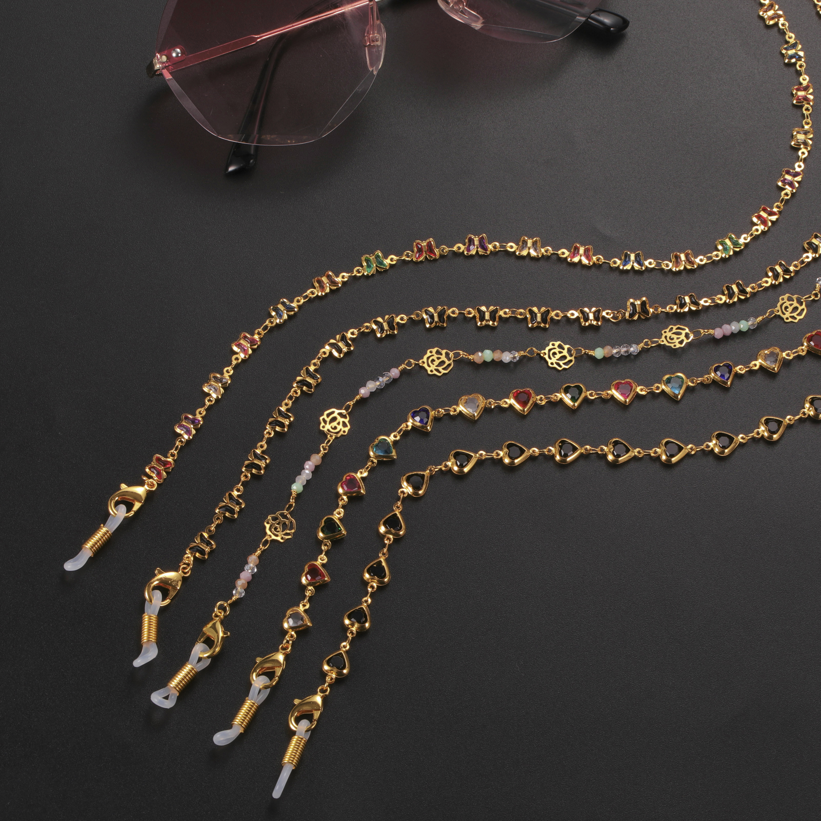 Gekleurde kristallen hartvormige brilketting roestvrijstalen dameszonnebrilketting modieuze Boheemse sieradenaccessoires