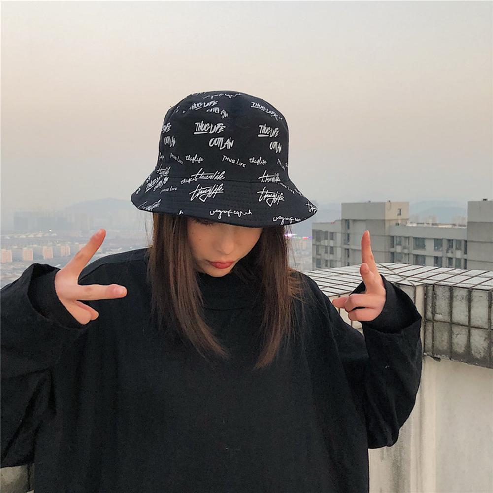 Unisex Outdoor Camping Hiking Bucket Hat English Letters Cotton Reversible Sun Protection Foldable Cap Bucket Hat