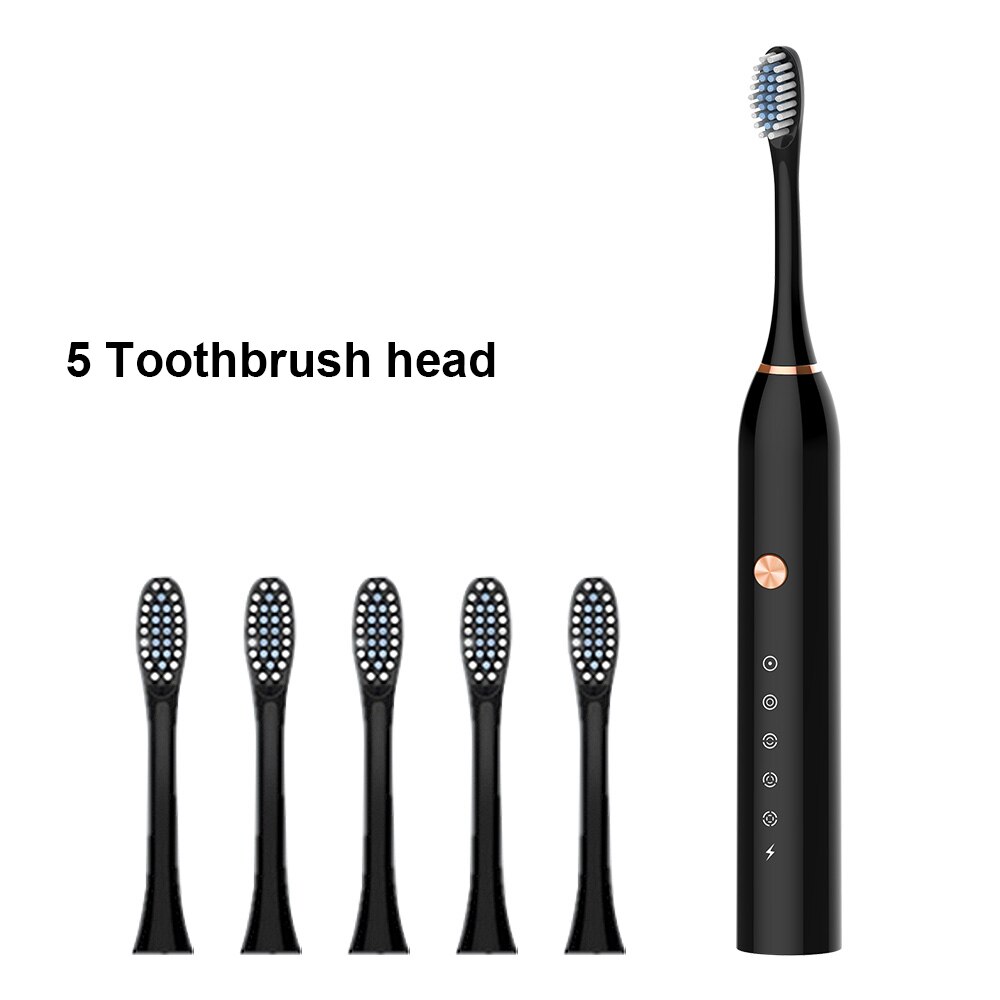 Kraftfuld ultralyd sonisk elektrisk tandbørste usb genopladelig tandbørste voksen elektronisk vaskbar blegning afslappende tænder børste: Sort 5 hoveder