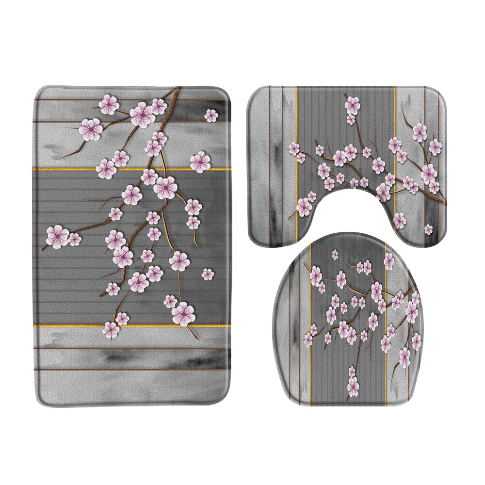 3Pcs Set Chinese Style Red Plum Fish Bamboo Printing Bath Mat Bedroom Kitchen Non-Slip Carpet Toilet Cover Rug Shower Room Decor: 60976J-3pcs Set / 40x60cm-15.7x23.6in