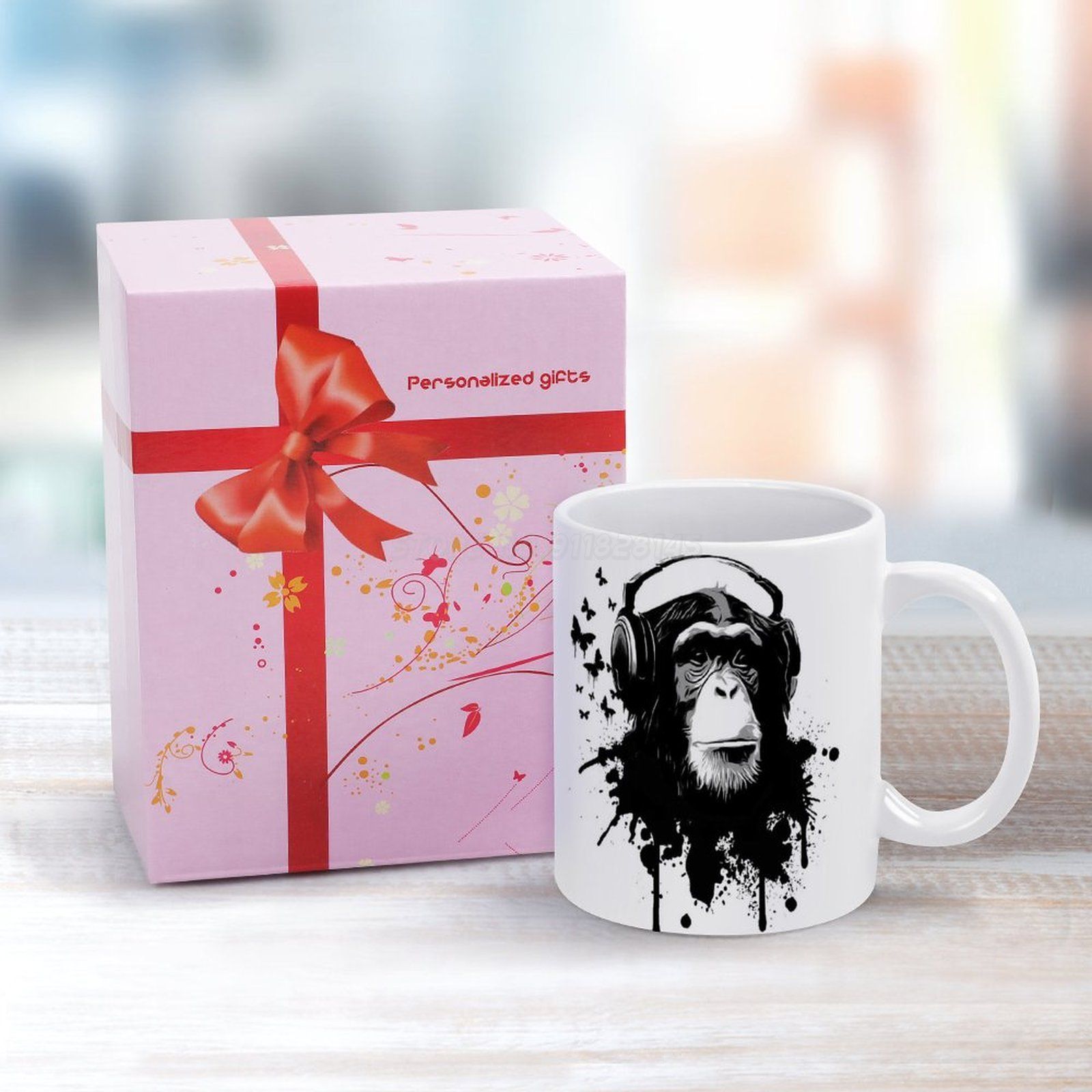 Taza de cerámica blanca con auriculares para DJ, tazón de monos, Dj, King Kong, con auriculares