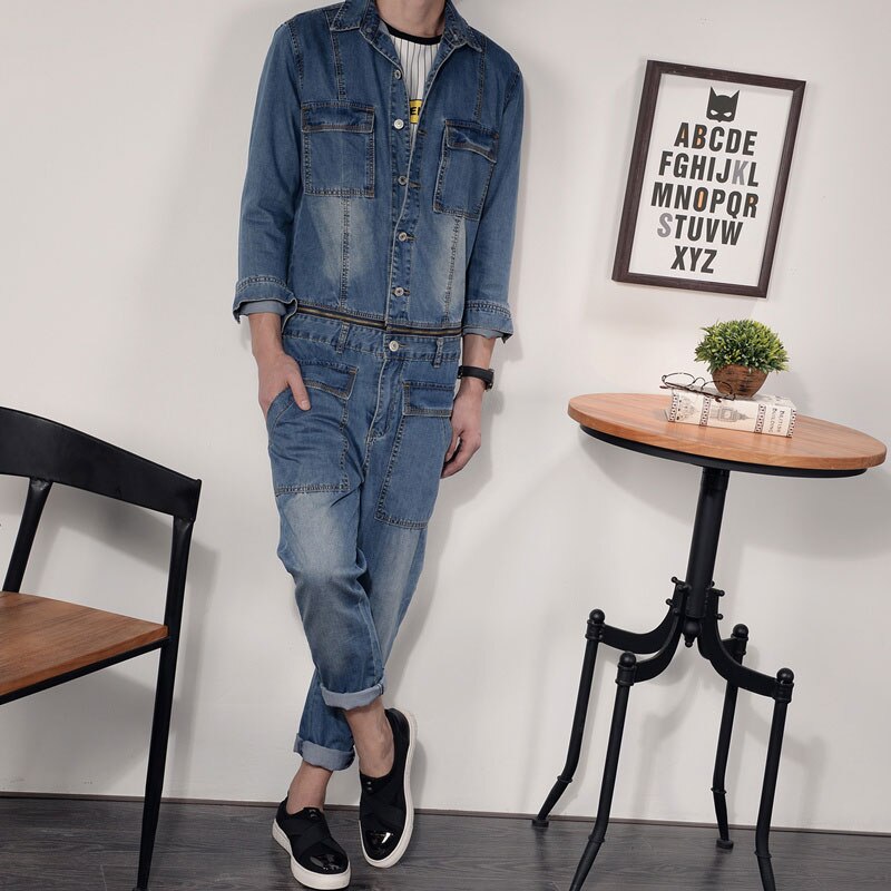 Denim overalls herre langærmet blå denim jakke herre hip-hop street shooting herre overalls herre jeans: Xl