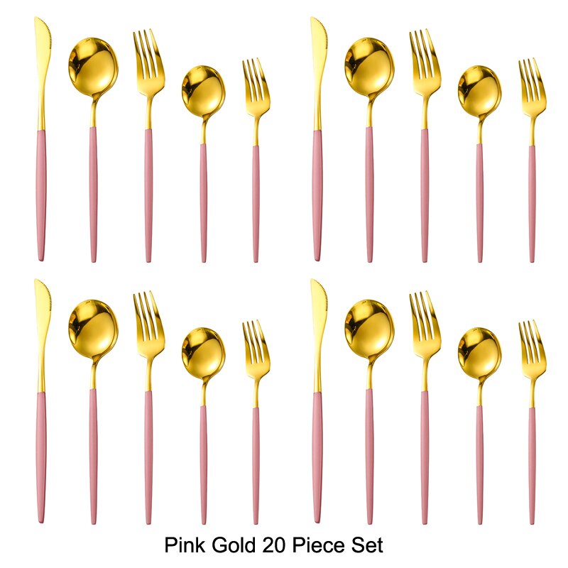20 pièces or noir ensemble de couverts ensemble de vaisselle 18/10 acier inoxydable couteau Dessert fourchette cuillère vaisselle argenterie directe: Pink Gold