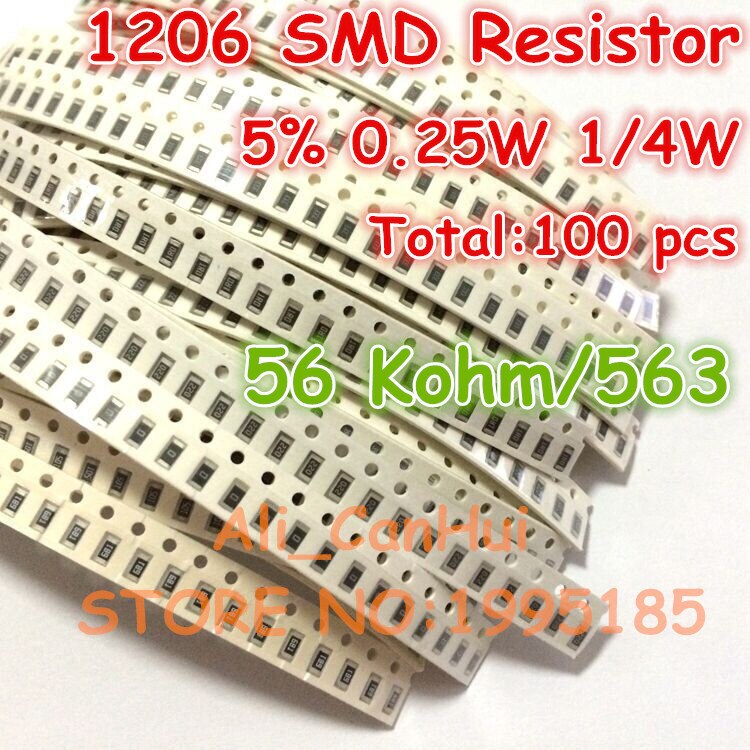 100 unids/lote 1206 5% 56 Kohm 56 K 563 1/4W 0,25 W SMD resistencia de 3,2*1,6mm