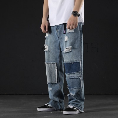 See Zerrissene ausgebeult Breite Bein Jeans Männer Patchwork Gerade Jeans verlieren passen Hüfte hüpfen Sommer Denim Knöchel Länge Hosen blau: XXXL