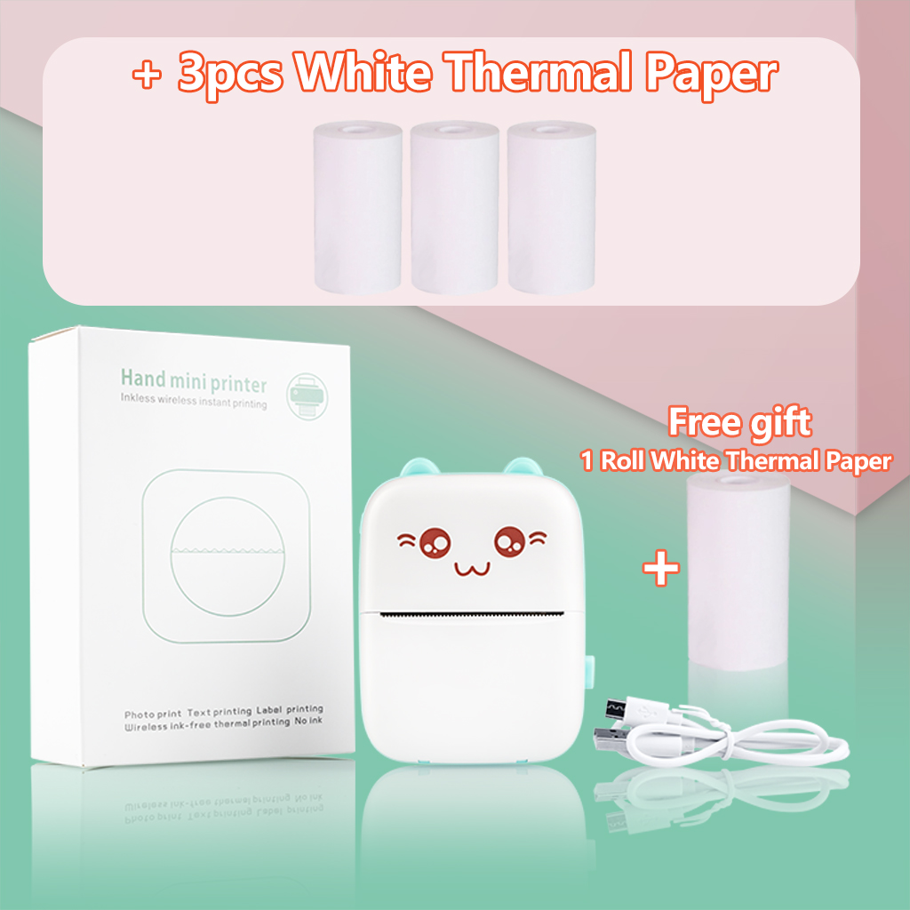 Portable Thermal Printer Paper Photo Pocket Cat Thermal Printer 57mm Printing Wireless Bluetooth Android IOS Printers For Child: Blue 3 White Paper