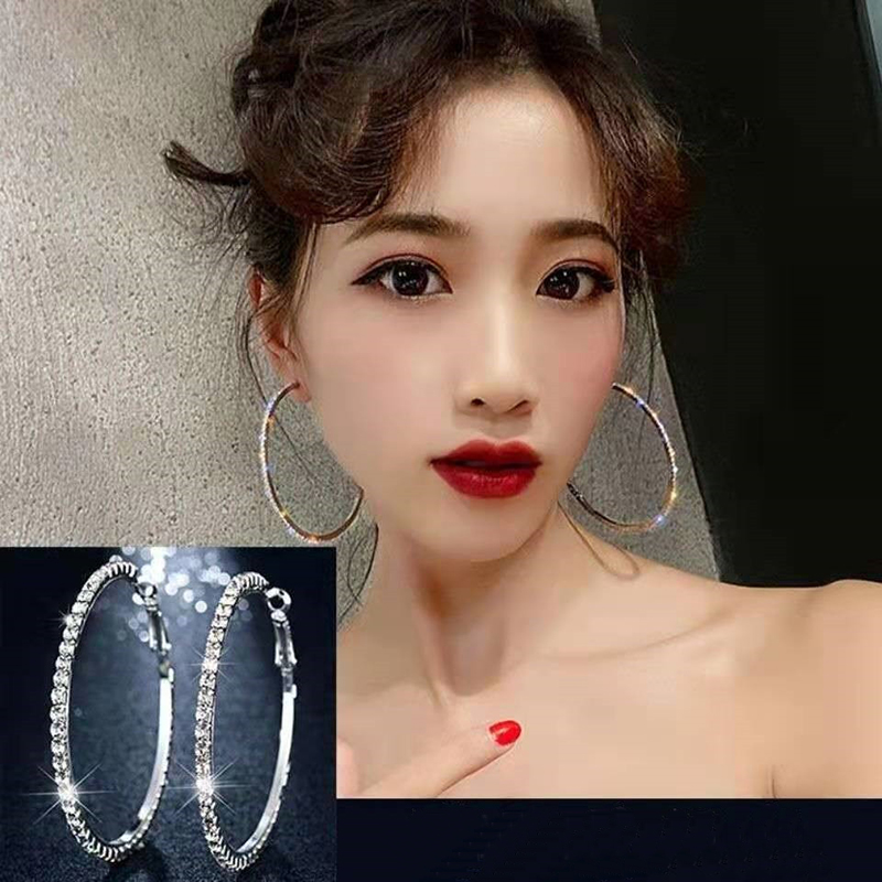 Brincos de argola grandes de 30-80mm para mulheres, meninas, círculo, cristal, strass, preto, dourado, prata, cor redonda, presente de festa