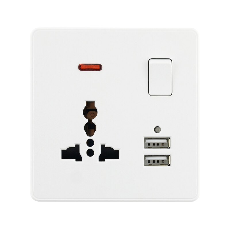 Universal Power Socket 3 Pins 13A Dual USB Ports LED Indicator Single Double Wall Outlet White Plastic 86 146 Type EU DE FR: Socket 2USB
