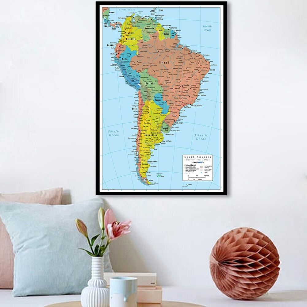 60*90cm Map of South America In English Spray Canvas Painting Wall Art Poster Living Room Home Decor School Supplies