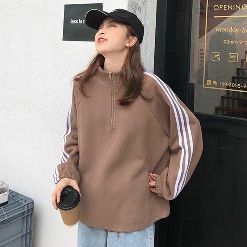 autumn women's loose stand-up collar zipper pullover long-sleeved sweater top