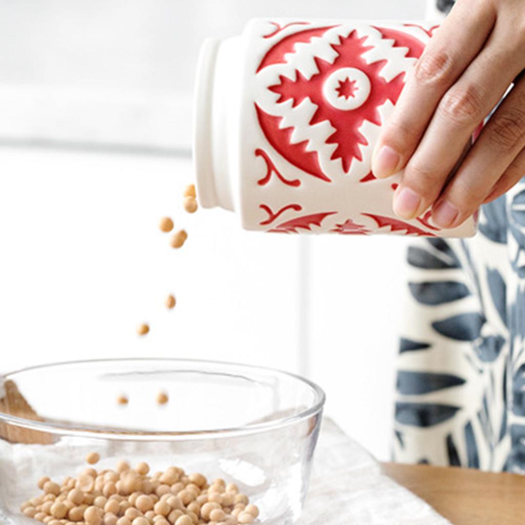 Boho Style Ceramic Canister with Wooden Lid Stackable Food Storage Container for Farmhouse Kitchen Home Pantry Organization: Red S