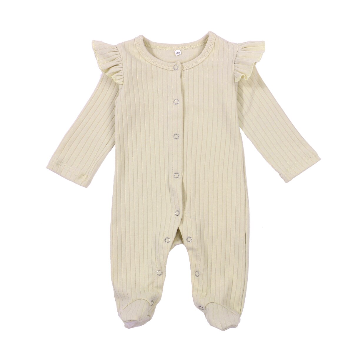Combinaisons à pieds pour bébés unisexes, combinaisons pour bébés filles et garçons, chaussons côtelés, manches longues à volants, couleur unie, pyjama une pièce tricoté: Beige / 3M