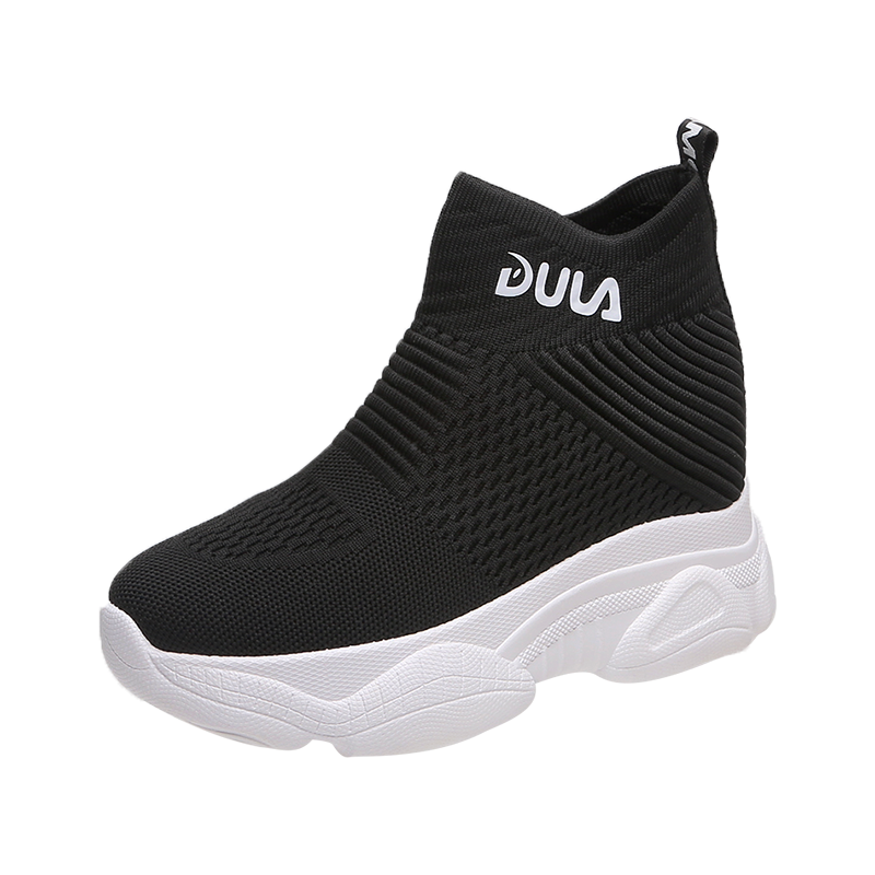 Åndbare strikkede chunky sneakers kvinder fjeder solid kilestrømpe sko kvinde tyk bund høj top sko kvinde: Sort / 39