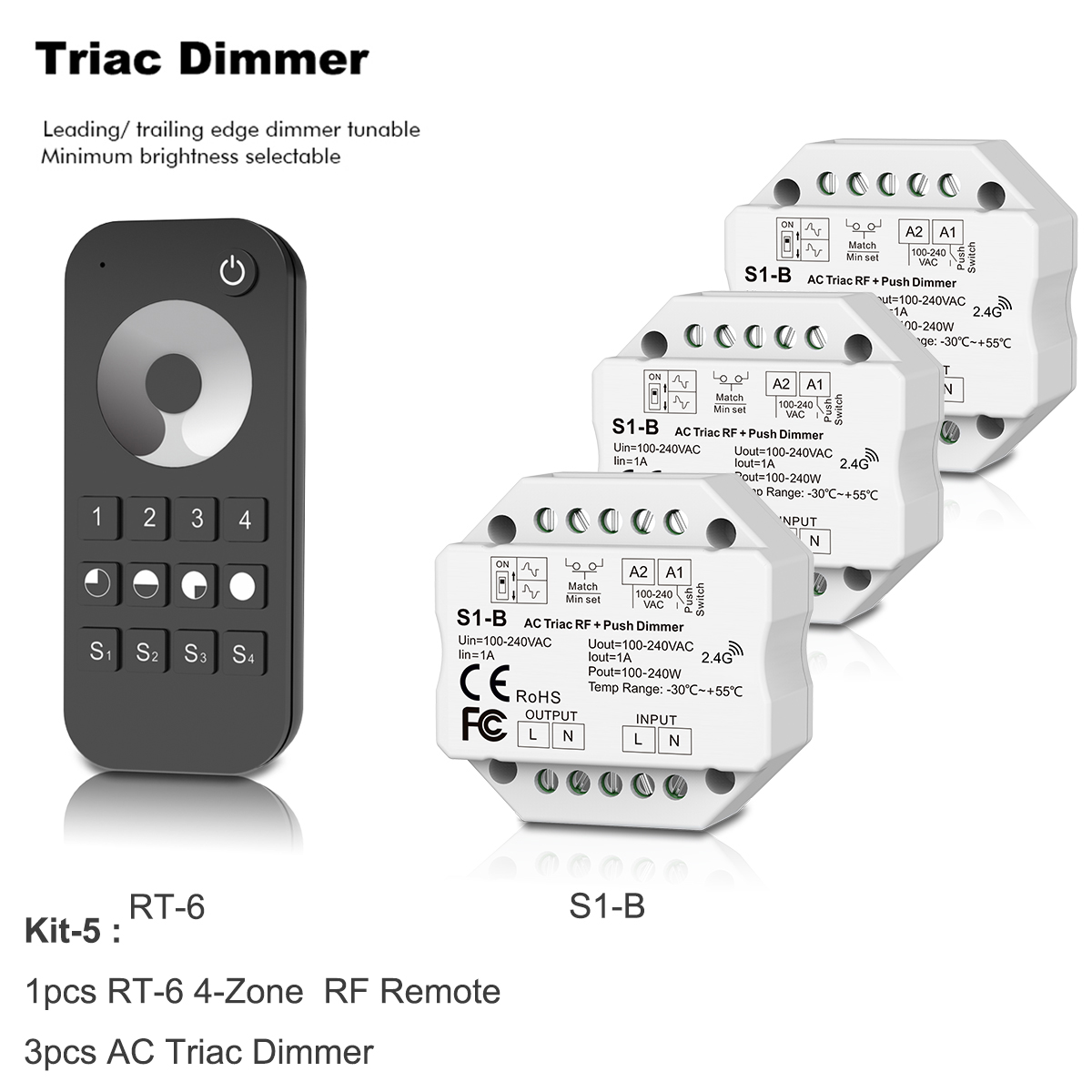 Interruptor de atenuación inalámbrico LED Triac de AC110V-220V, control remoto de atenuación táctil de 4 zonas para LED de un solo Color, 2,4G, S1-B: Kit-5