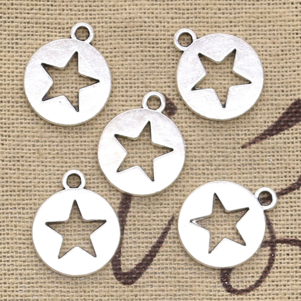 Pingentes banhados a prata, pingentes vazados com corte de estrela, joias prateadas antigas de 18x15mm faça você mesmo com 20 peças