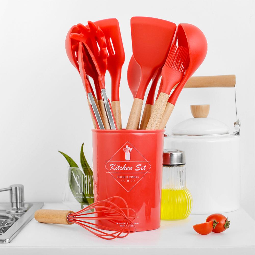 Wood Silicone Cooking Cake Utensils Natural Wood Handle Cooking Tools Turner Tongs Spoon Spatula Bakeware Kitchen Tools