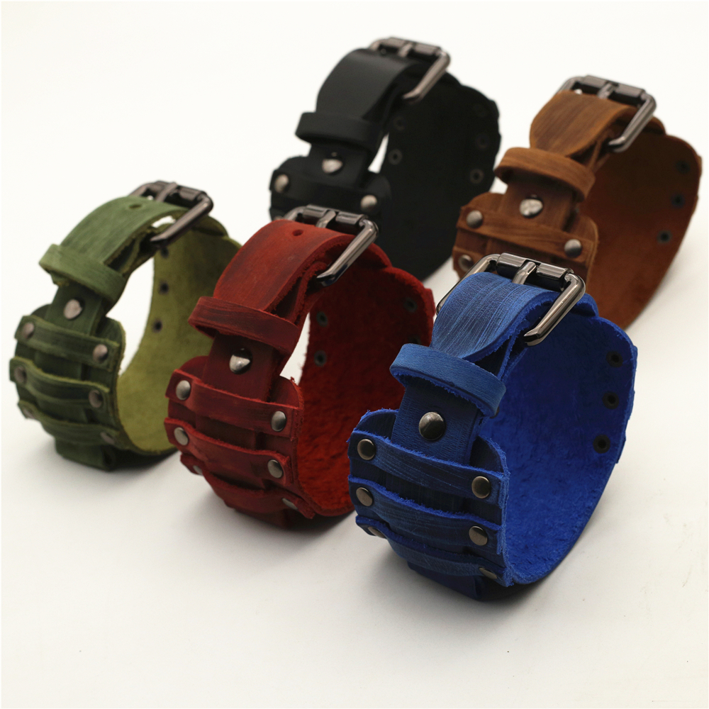 Punk svart blå röd grön brun läder klockarmband herr 22mm 24mm klockarmband armband smycken