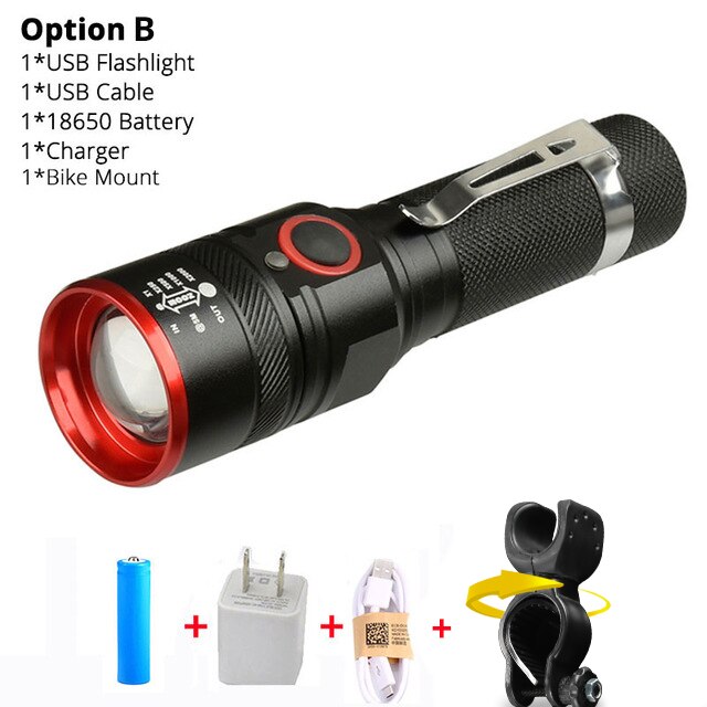 Sykkellys ultralys 8000 lumen zoom  t6 sykkel front led lommelykt lampe usb oppladbart sykkellys  by 18650 batteri: Alternativ b