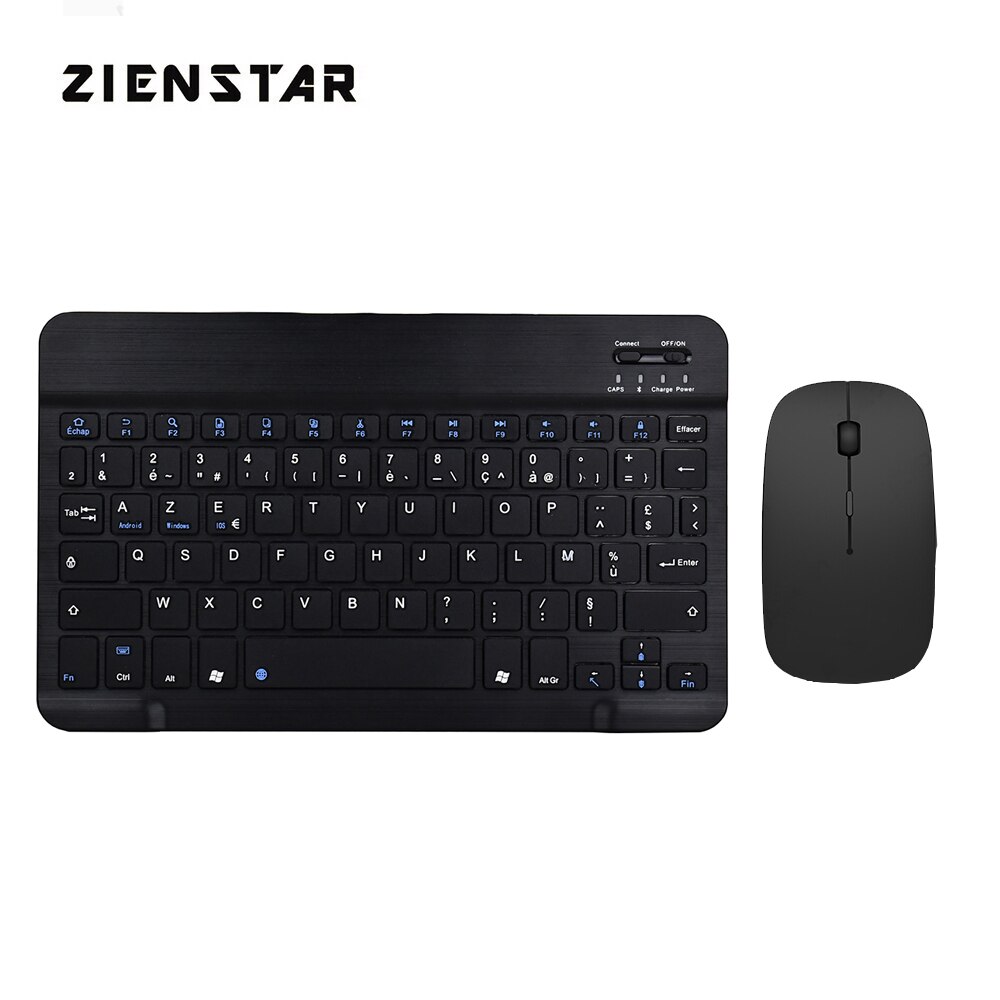 Zienstar 10inch Azerty Rechargeable French Aluminum Wireless Bluetooth Keyboard Mouse Combo for IOS Android Tablet Windows PC: French Combo