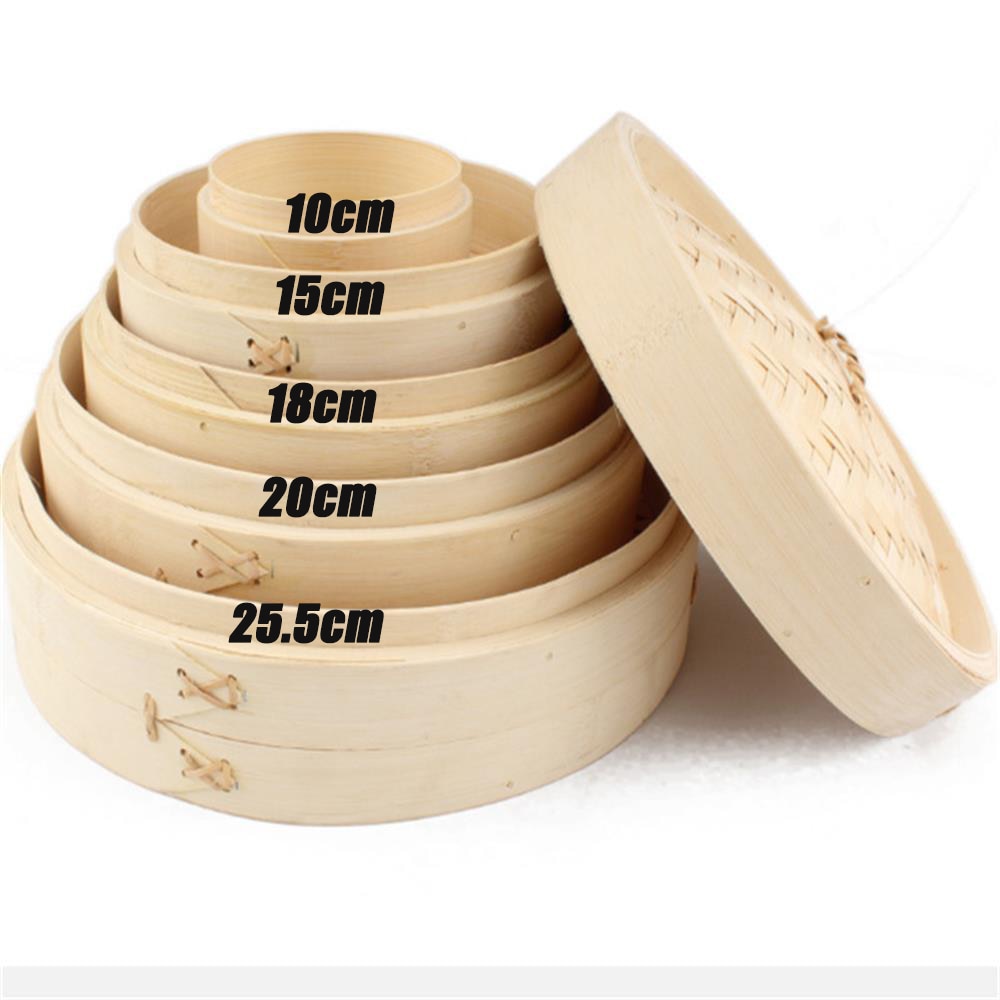 10/15/18/20/25.5cm 2 niveauer naturlig bambusbur dumpling damperkurv med låg bao bolle dampkogere køkken madlavningsredskaber
