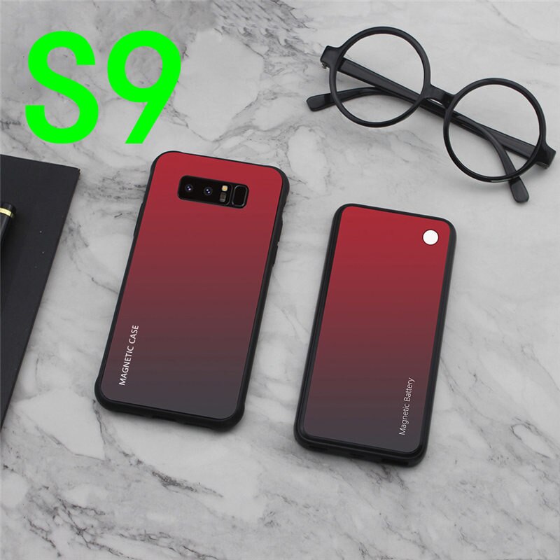 Slim Gradient Tempered glass Magnetic Wireless charger Case For Samsung Galaxy S8 S9 Plus Power Bank Battery Charging Case Cover: S9-Red