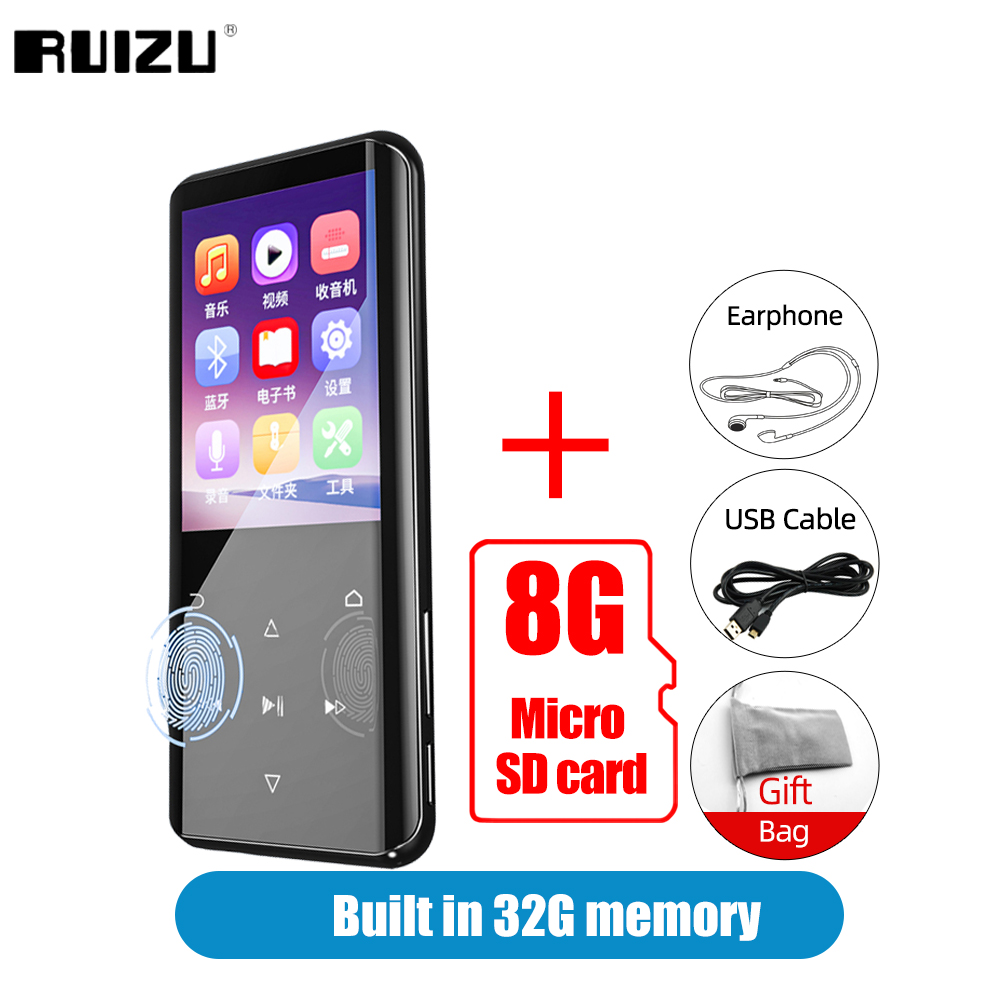 RUIZU D25 MP3 Bluetooth Player Touch Control Portable HIFI Music Video MP4 Player Built-in Speaker With FM-Radio E-Book Record: 32G Add 8G TF Card