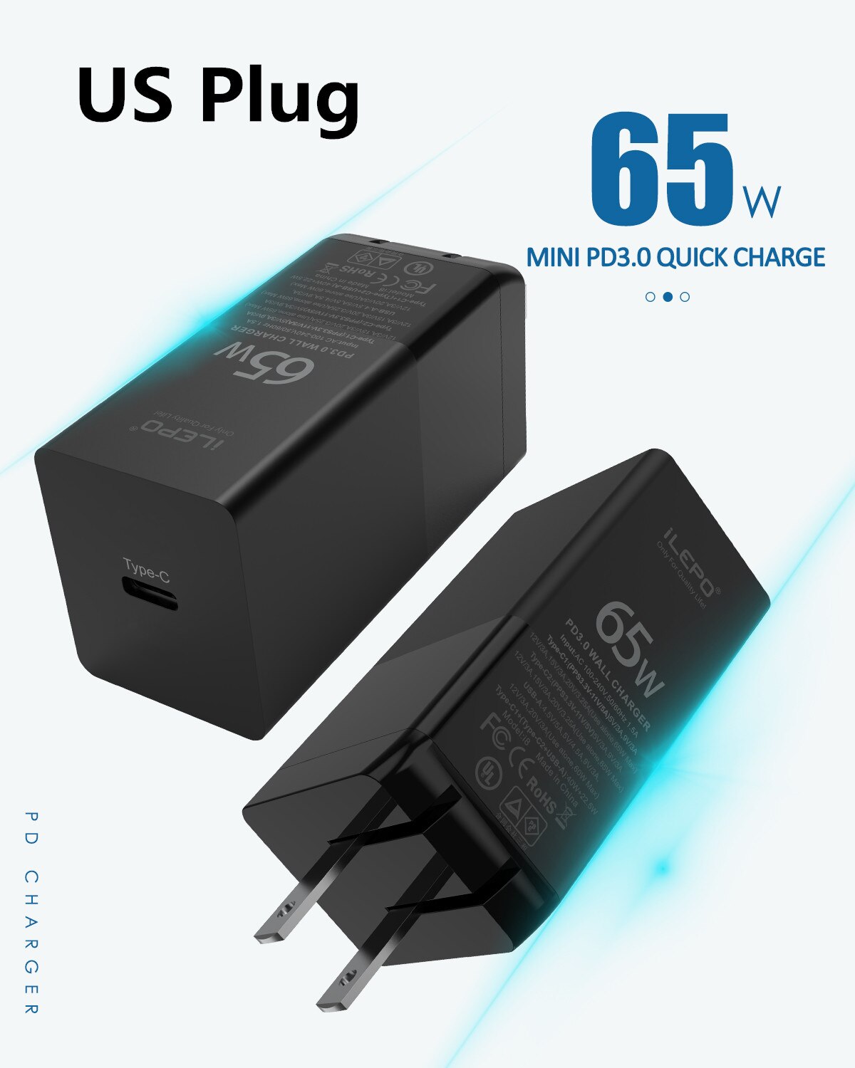 Travel 65W GaN USB C PD MagSaf* Power Adapter Fast Smart Mobile Phone Quick Charger For Laptop Macbook iphone Xiaomi Huawei: US 65W GaN Charger