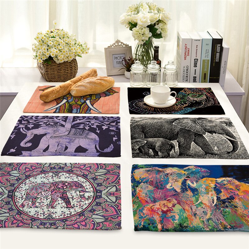 1 Pcs Elephant Pattern Kitchen Placemat Dining Table Mats Cotton Linen Drink Coasters Western Pad Bowl Cup Mat 42*32cm