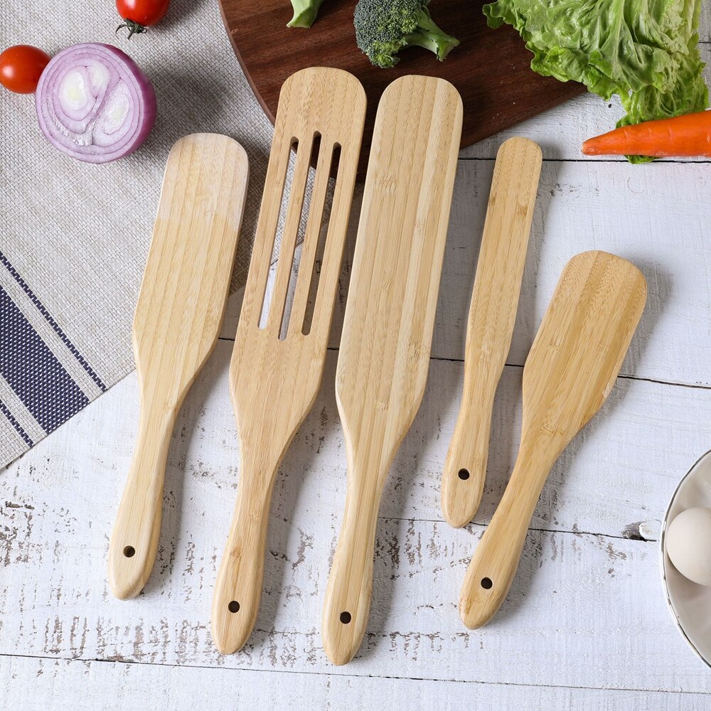 Bamboo Kitchen Utensil Set,4/5PCS Bamboo Spurtle Kitchen Sets Non-Stick Wooden Cooking Utensils Spatula Slotted Spatula Sets